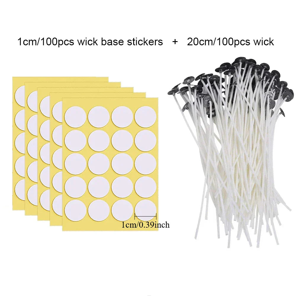 Pre-Waxed Cotton Candle Wicks 100-Pack (2.6–20 cm / 1.0–7.9 in) with Metal Bases, Adhesive Stickers & Holders — DIY Candle Making Kit