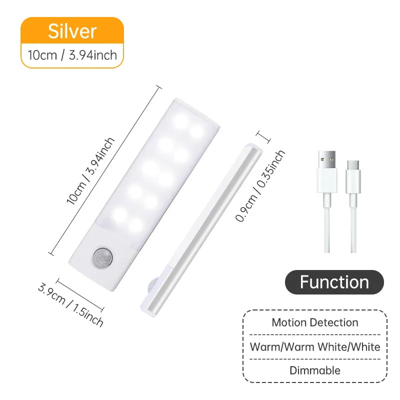 Rechargeable Motion Sensor LED Night Light — USB Wireless Cabinet & Wardrobe Light with Magnetic Mount, 3 Color Temperatures (3000K/4000K/6000K)