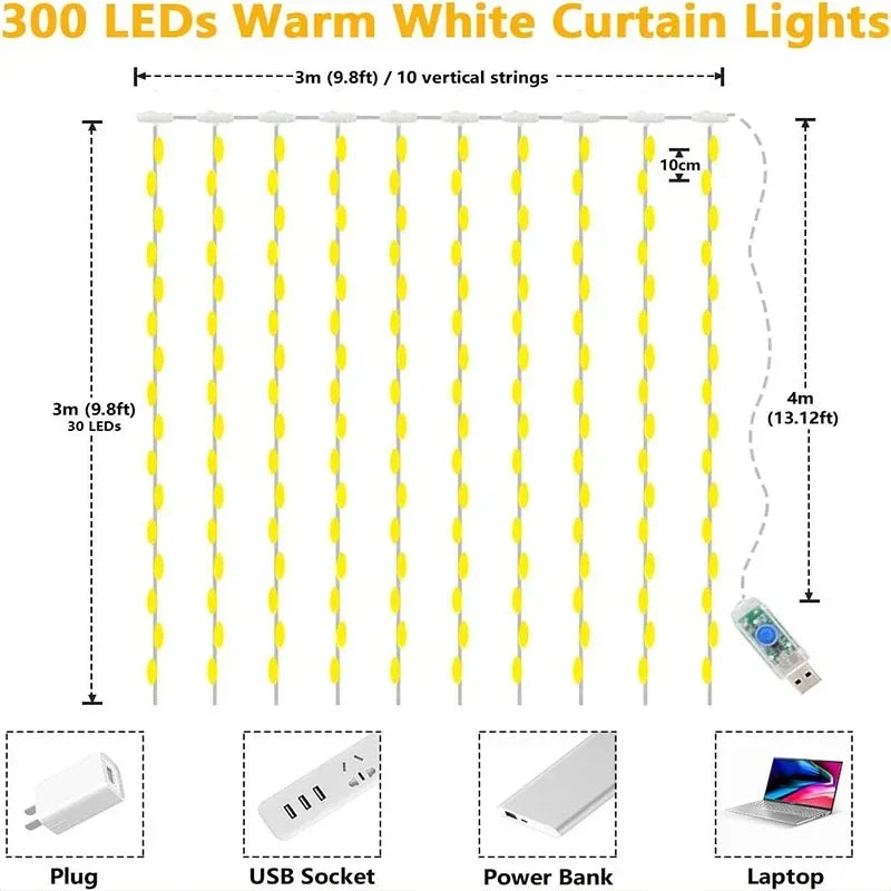 3 x 3m (9.8 x 9.8 ft) LED Curtain String Lights — 300 LED USB Remote, 8 Modes, IP65 Waterproof Fairy Lights for Home Wedding Christmas Party