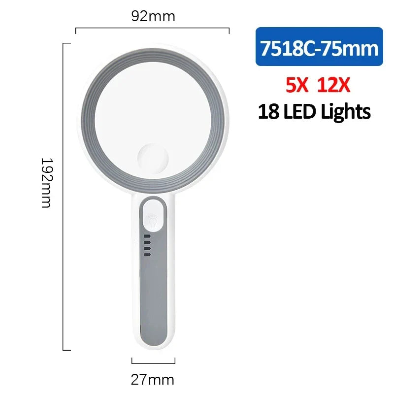 Rechargeable LED Handheld Magnifier 3 Lighting Modes Illuminated Magnifying Glass for Seniors Reading and Repair