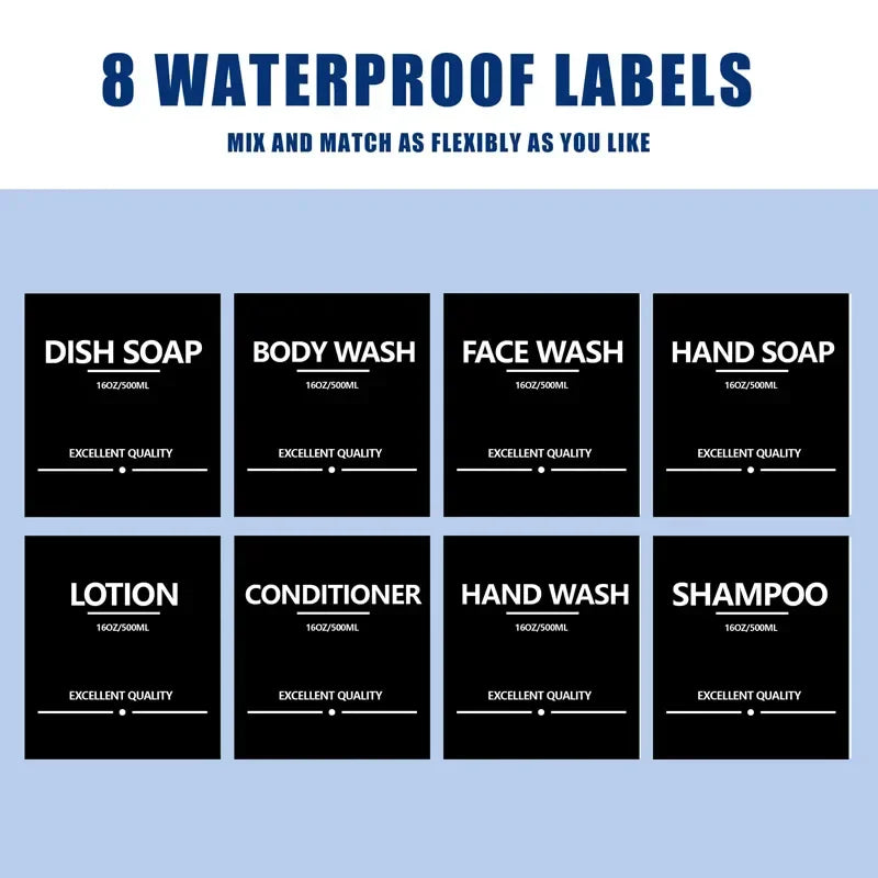 500ml (16.9 fl oz) Amber Refillable Pump Bottle Set with Black Label Stickers - Shampoo, Shower Gel & Liquid Soap Dispensers for Bathroom & Kitchen