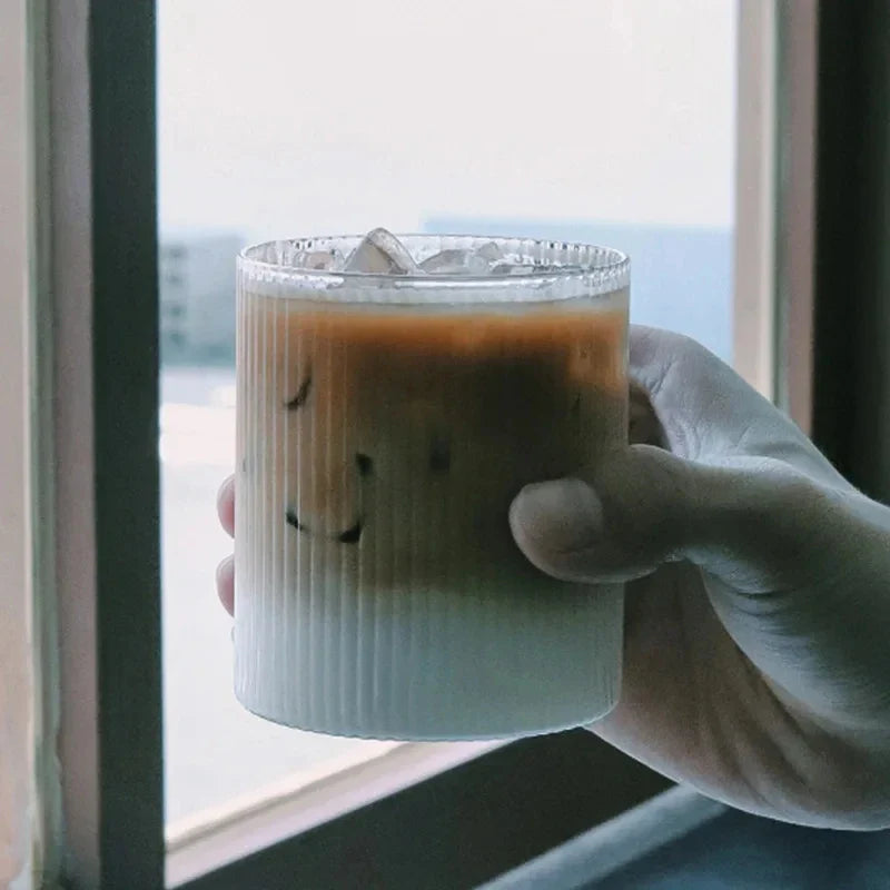 300ml (10 fl oz) Japanese Striped Origami Glass Cup, Transparent Multi-Purpose Drinkware for Coffee, Bubble Tea and Whiskey