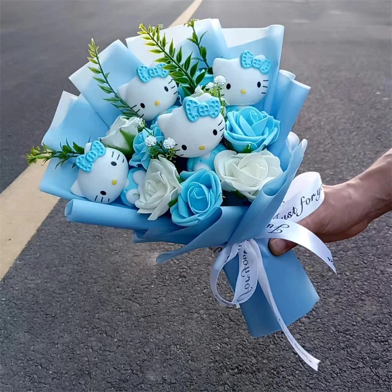 Kawaii Cat Plush Bouquet with Soap Rose Flowers — Cute Valentine's Day, Birthday & Graduation Gift