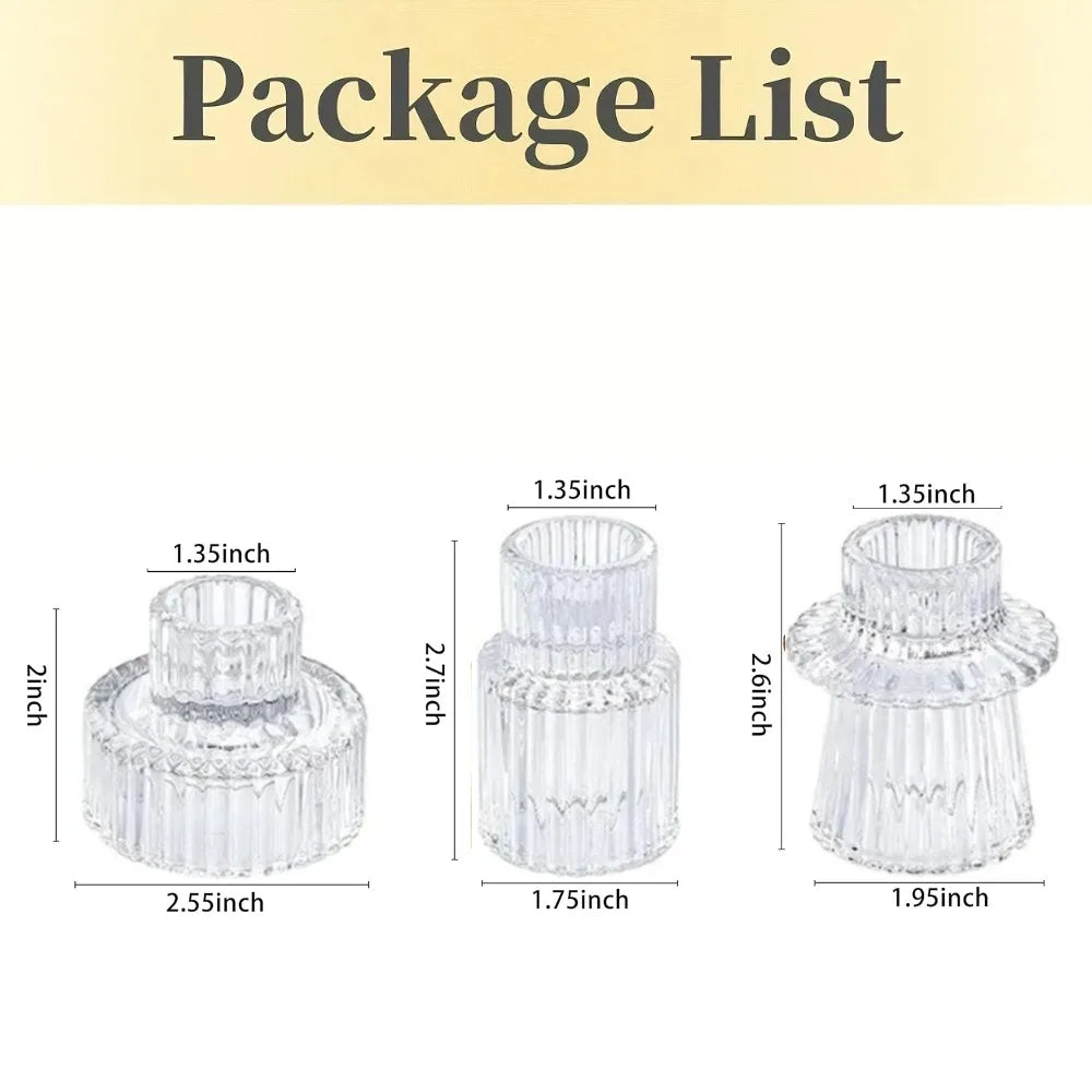 3-Pack Ribbed Double-Ended Glass Candle Holders — Vintage Taper & Tealight Centerpiece Set for Weddings, Dinner Parties, Home Decor