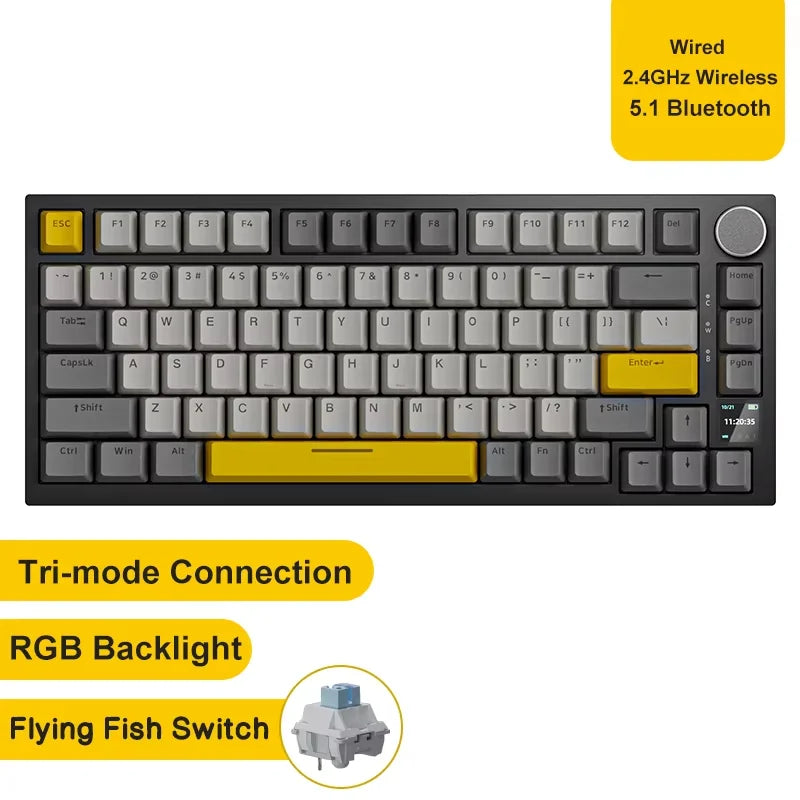82-Key Hot-Swappable Mechanical Keyboard with Rotary Volume Knob, USB Wired & 2.4GHz Wireless, Monochrome Backlight