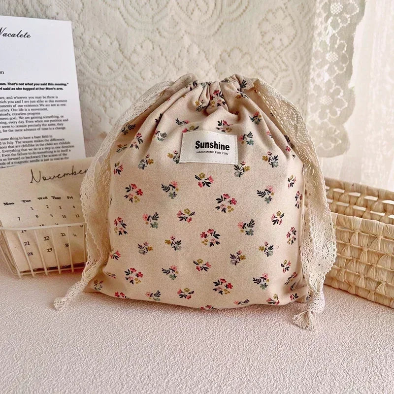 Printed Floral Diaper Bag – Cotton Drawstring Mommy Nappy Bag, Travel & Stroller-Friendly Organizer