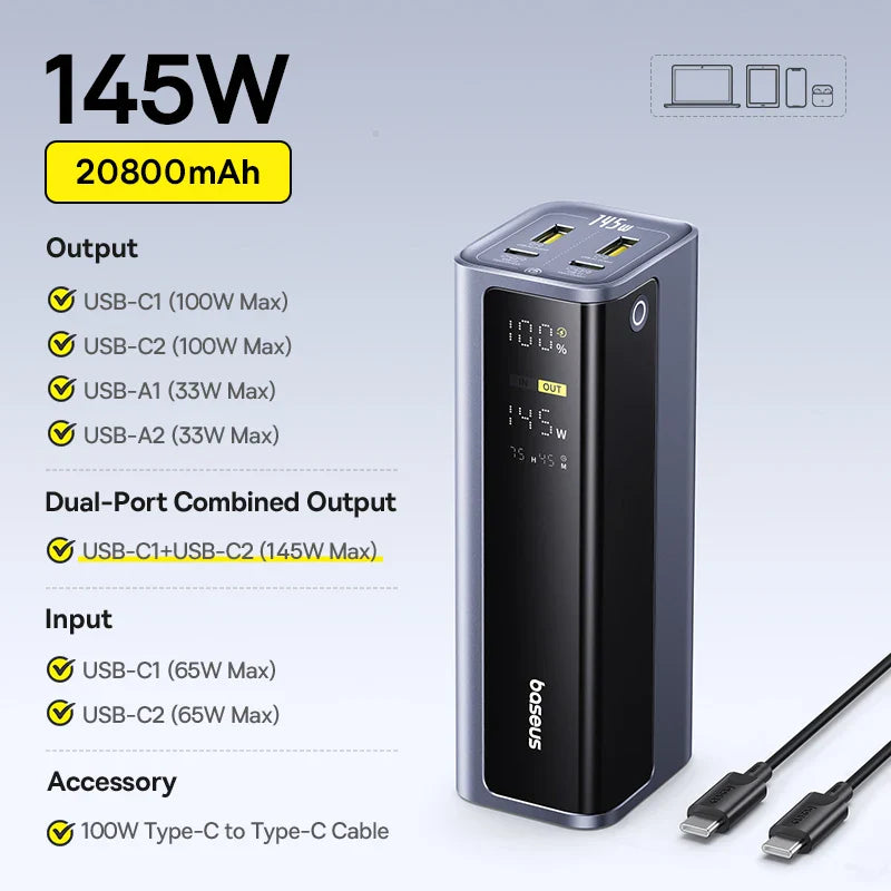 145W 20800mAh Power Bank – 100W USB-C PD Portable Charger, Dual USB-A/USB-C, Digital Display for Laptop, Phone & Gaming Handhelds