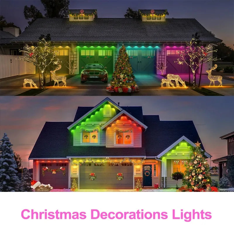 Smart RGBIC Eave String Lights – 15/30/60m (49/98/197ft) IP67 Outdoor LED Strip with App, 24-Key Remote & Voice Control | RGB Holiday & Patio DIY Lighting