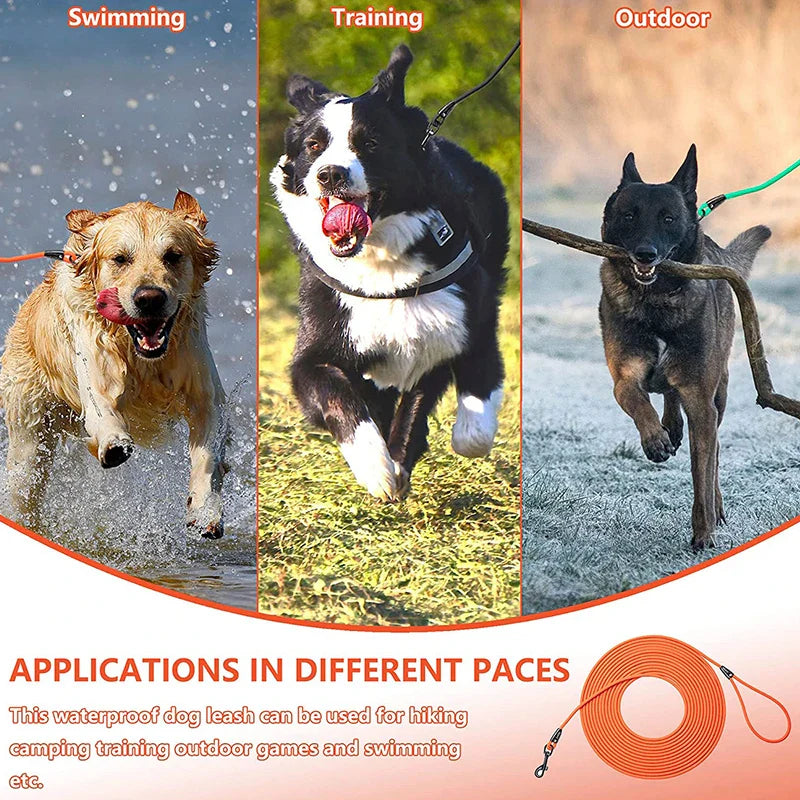 Waterproof PVC Dog Leash — Long Training Recall Lead 5ft/1.5m, 10ft/3m, 20ft/6m, 30ft/9m — Durable Tangle-Free Leash for Beach, Yard & Camping