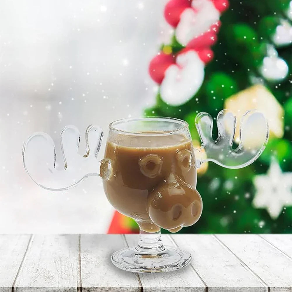 Christmas Moose Glass Mug 8oz (240ml) Reindeer Antler Holiday Drinkware 1/2/3 Pack
