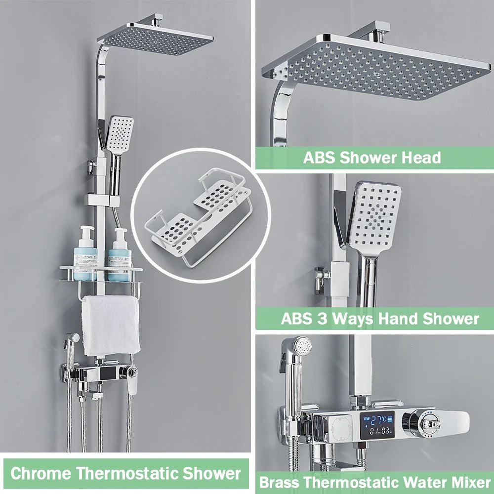 Black Digital Thermostatic Shower System 10-Inch (25.4 cm) Rainfall Head 4-Way Mixer with Digital Display, Slide Bar Shelf & Bidet Faucet