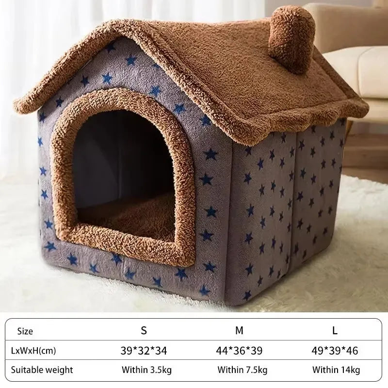 Foldable Plush Pet House Bed — Cozy Winter Dog & Cat Nest, Puppy Cave Sofa for Small & Medium Pets (S/M/L, Removable Cover)