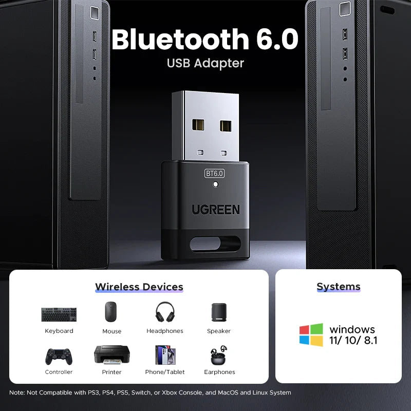USB Bluetooth 6.0 Adapter Dongle for PC Windows 11/10/8.1 - Receiver & Transmitter for Keyboard & Mouse