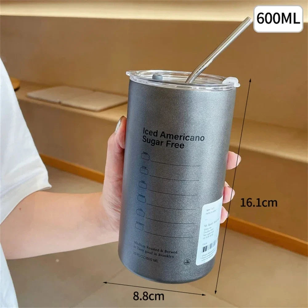 Portable 600ml (20 oz) 304 Stainless Steel Vacuum Thermos with Straw - Insulated Leak-Proof Travel Coffee Mug