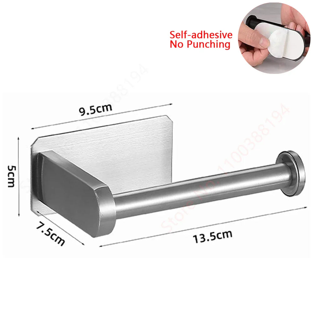Self-Adhesive Stainless Steel Toilet Paper Holder — No-Drill Wall Mount Tissue & Towel Dispenser (Holds up to 30 cm / 11.8 in)