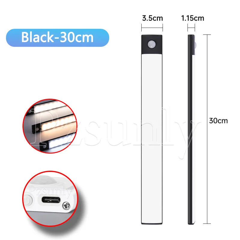 USB Rechargeable LED Motion Sensor Bar Light — Dimmable 3-Color Under-Cabinet Night Light, 10/20/30/40/50 cm (4–20 in)