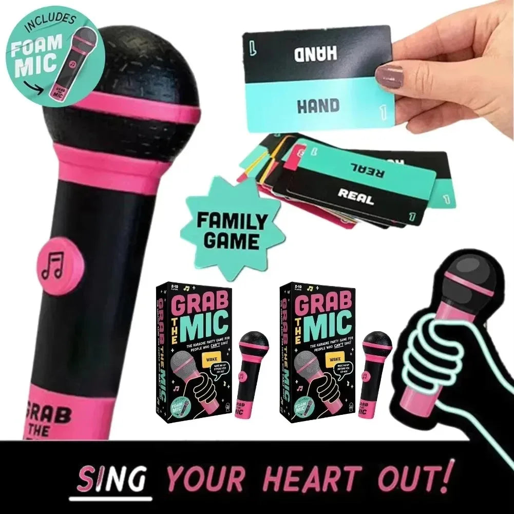 Grab The Mic Karaoke Party Game – 2–10 Players, 125 Lyric Cards & Foam Microphone, Family Birthday Party Game
