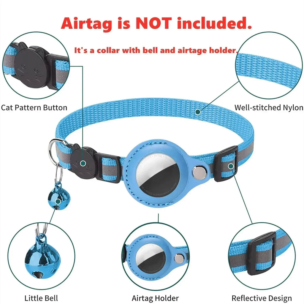 Adjustable Reflective Cat Collar with Tracker Case & Bell — Protective PU Holder for Bluetooth GPS Trackers, 22–34 cm (8.7–13.4 in)