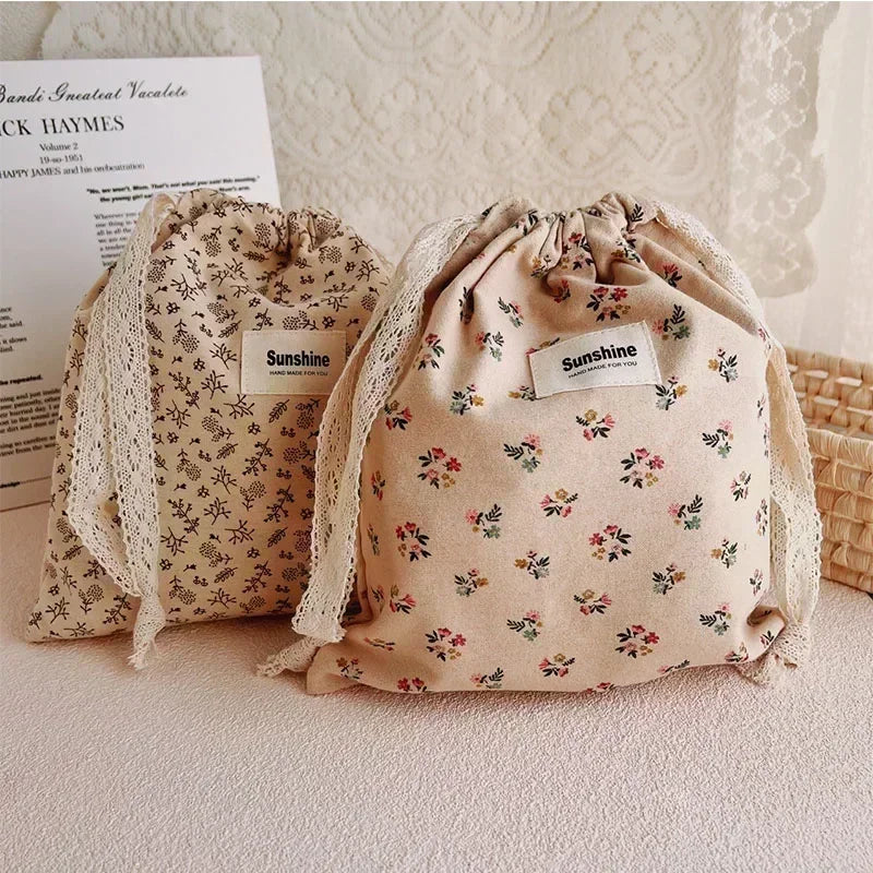 Printed Floral Diaper Bag – Cotton Drawstring Mommy Nappy Bag, Travel & Stroller-Friendly Organizer