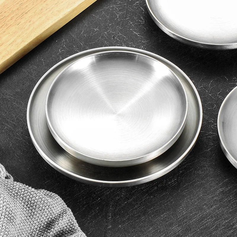 304 Stainless Steel Double-Walled Insulated Round Plate for Dinner, Snacks & Fruit