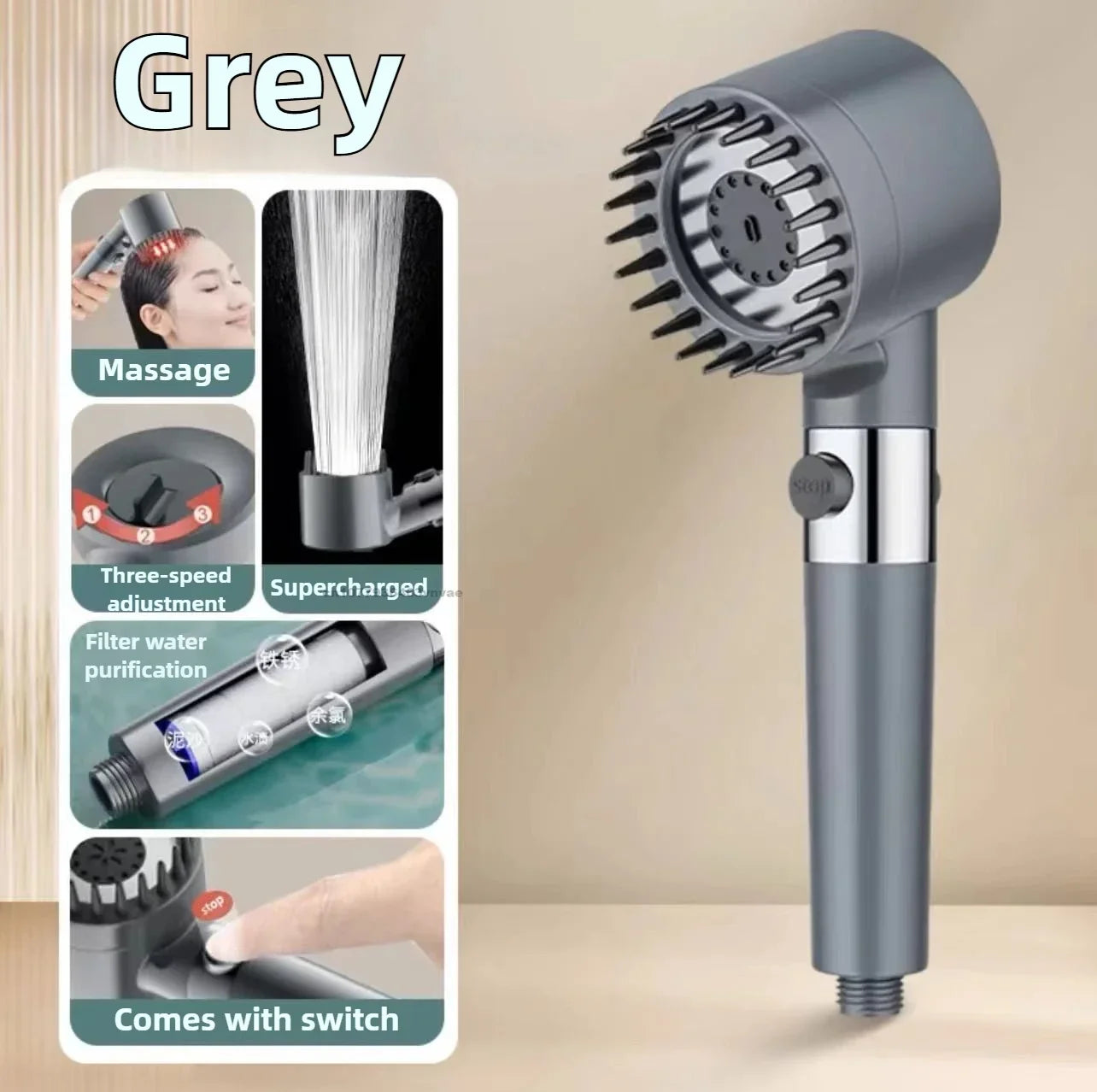 High Pressure Handheld Shower Head with Filter, One-Key Stop and Massage - Bathroom Shower Accessory
