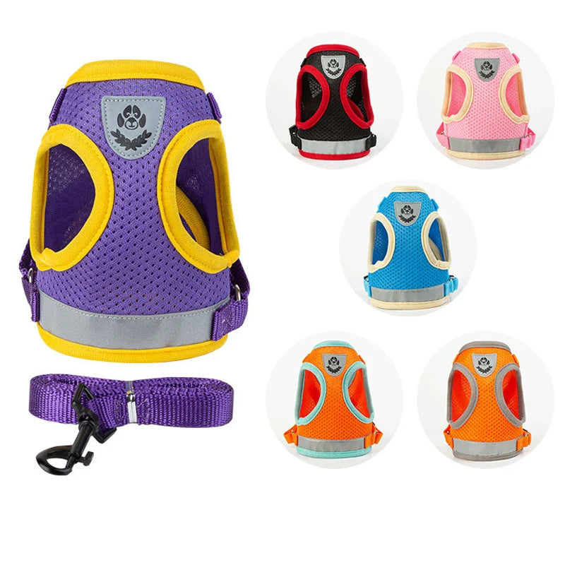 Reflective Adjustable Dog & Cat Harness Vest Set with 1.5m Leash – Breathable Mesh Puppy Kitten Harness (XS-L)
