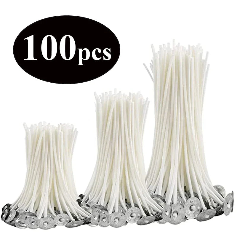 Pre-Waxed Cotton-Core Candle Wicks with Metal Sustainer Tabs, 100-Pack, 1.0–7.9 in (2.6–20 cm) for DIY Candle Making