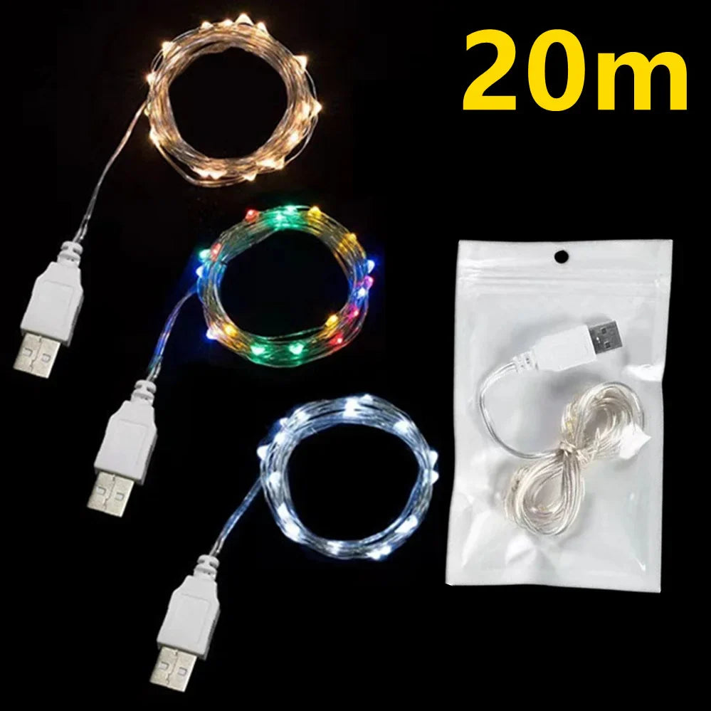 USB LED Fairy String Lights Copper or Silver Wire, Waterproof IP66, Multi-Color, 5/10/20 m (16/33/66 ft) USB Garland for Christmas Wedding Party