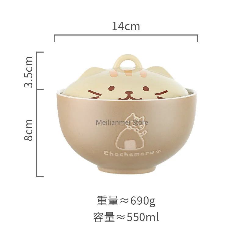 Japanese Style Ceramic Soup Bowl with Lid Cute Cat Cartoon Porcelain Noodle & Rice Bowl