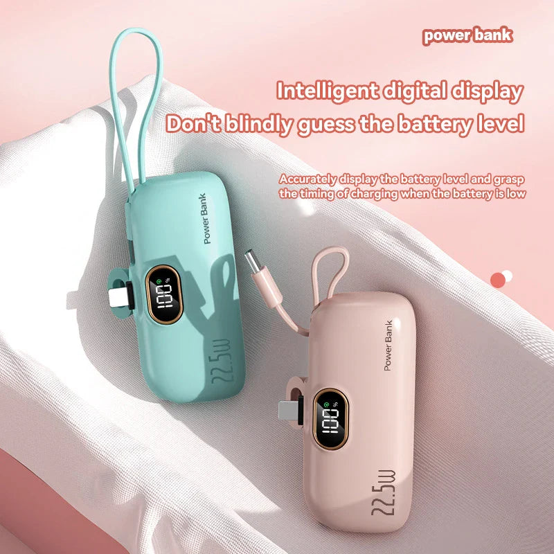50000mAh Mini Capsule Power Bank 22.5W Fast Charging Portable External Battery with Built-in Cables & Digital Display Compatible with iPhone Huawei Samsung