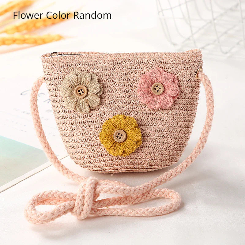 Girls Daisy Straw Mini Messenger Bag, Kids Shoulder Handbag with Coin Purse