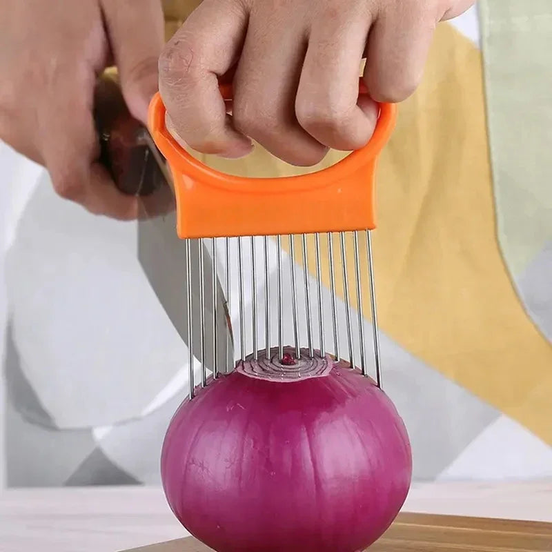 Colorful Onion Slicer with Stainless Steel Holder – Easy Vegetable & Potato Chopper