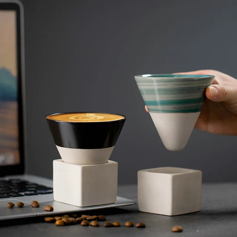 Retro Japanese Triangular Cone Ceramic Tea and Coffee Mug Pottery Porcelain Latte Cup for Home and Office