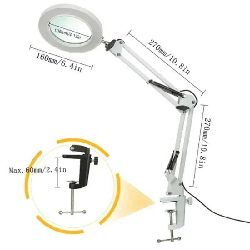 72-LED 8X/10X USB Illuminated Magnifying Glass Lamp - 4.2 in (106 mm) Lens, 3-Color Dimmable LED, Adjustable Arm & Clamp for Soldering, Crafts, Skincare