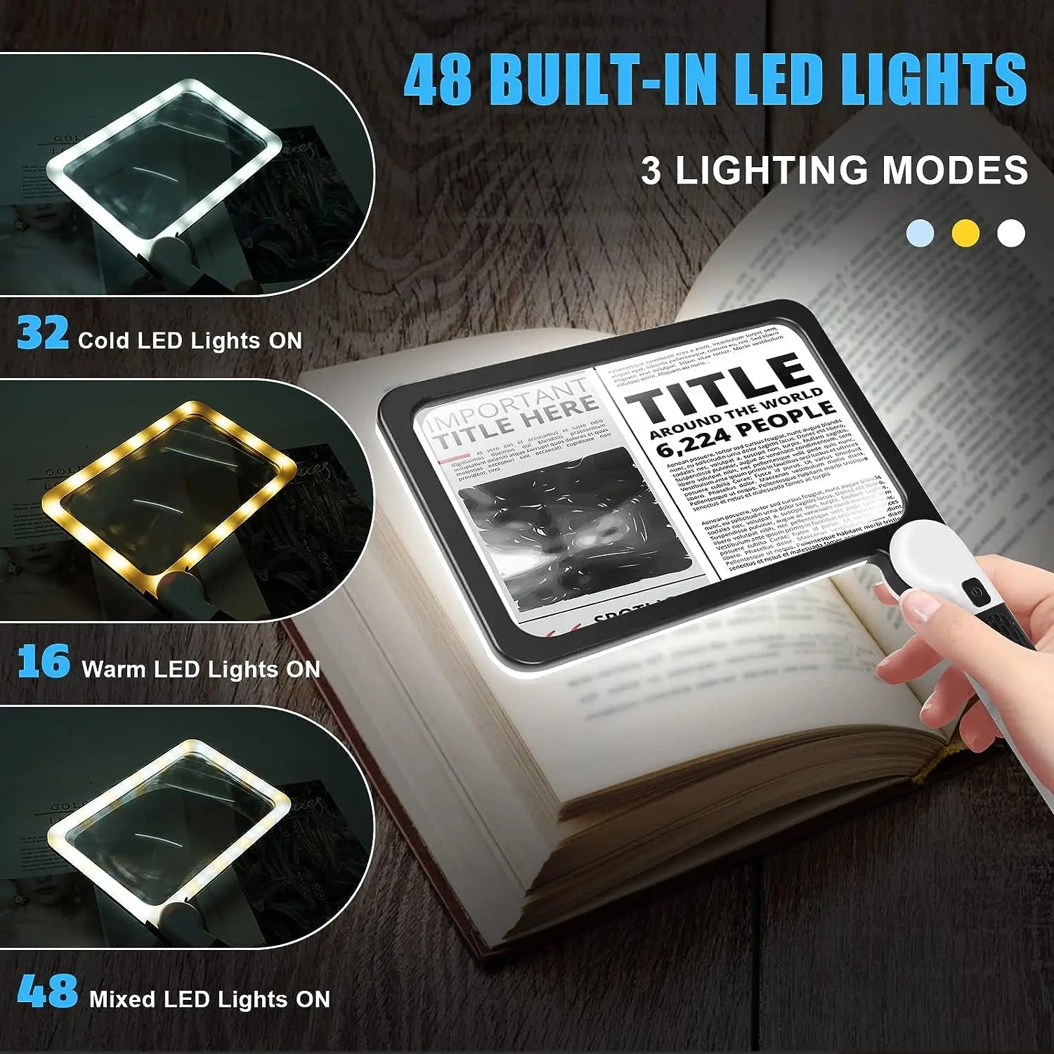 5X Rectangular LED Reading Magnifier - 48 LEDs, Dimmable Foldable Handheld, 7.3 x 4.4 in (18.5 x 11.2 cm) Large Lens for Seniors & Low Vision