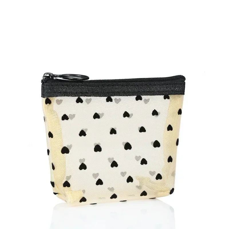 Heart-Shaped Mesh Cosmetic Bag - Zipper Toiletry Makeup Pouch for Women, Coin & Lipstick Organizer