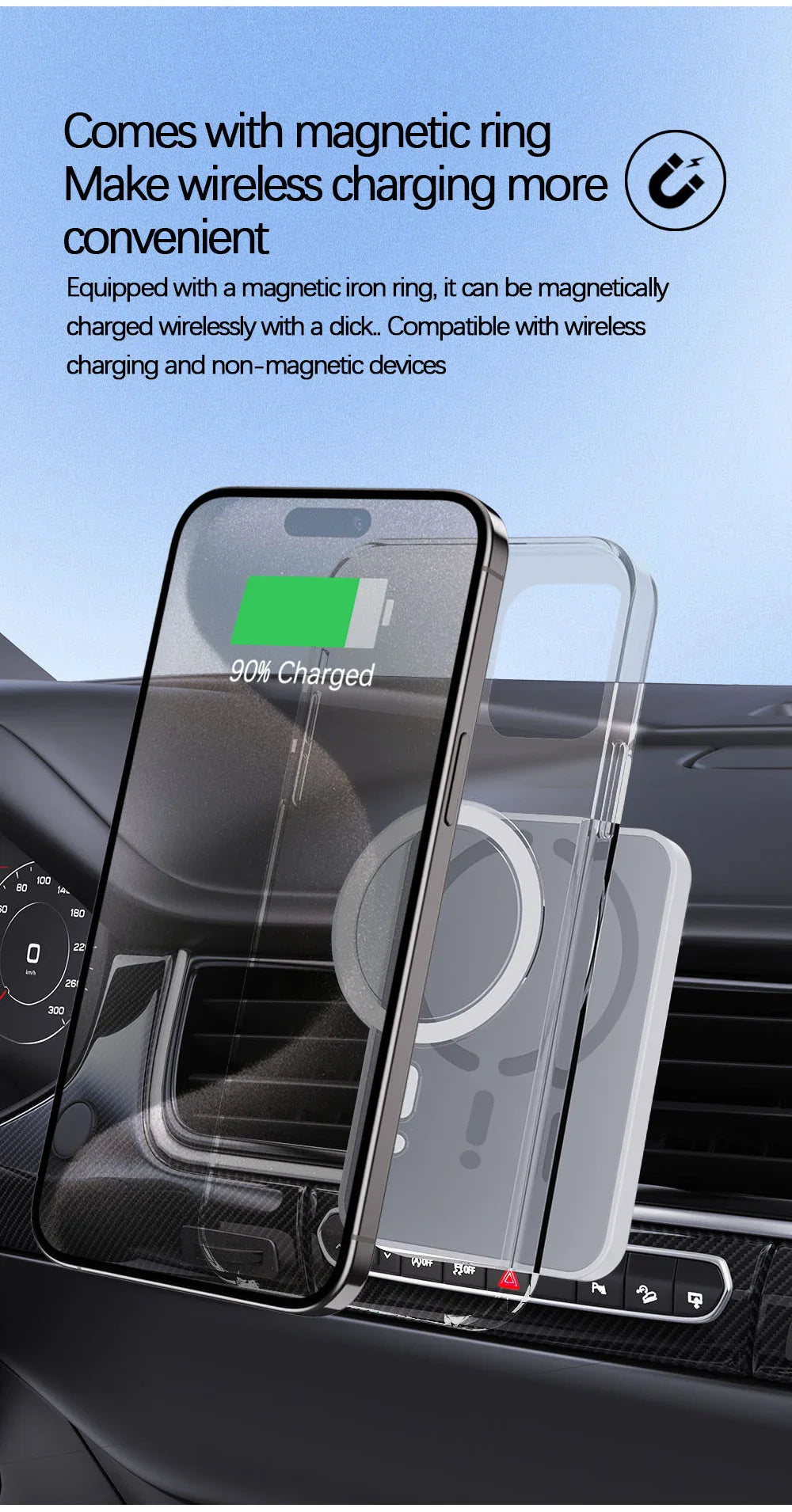 15W Magnetic Car Wireless Charger MagSafe-Compatible Air Vent Phone Holder 360° Rotating Fast Charging USB-C