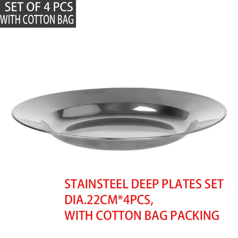 8-Inch (20 cm) 304 Stainless Steel Camping Plates 4-Pack, Reusable Dinner & Serving Plates with Cotton Carry Bag for BBQ Picnic Salad