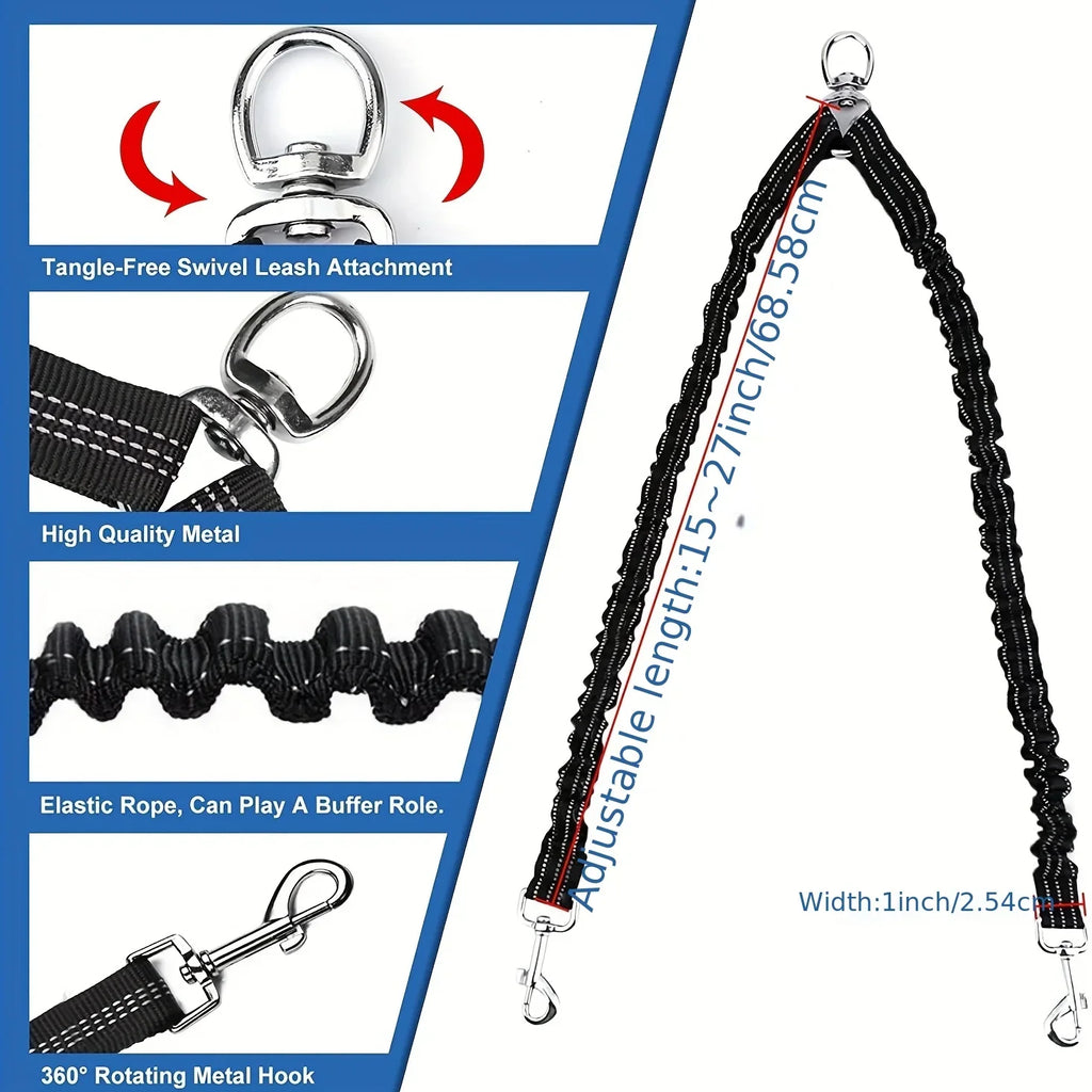 Double Dog Leash Coupler – No-Tangle Bungee Splitter with Shock-Absorbing, Reflective Lead for Safer Night Walks