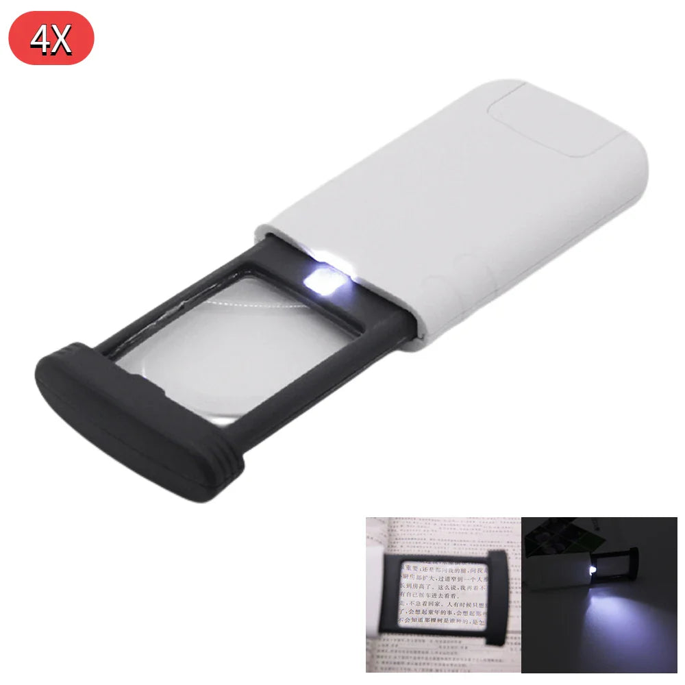 4x Foldable Pocket Magnifier with LED Light — Mini Handheld Loupe for Jewelry, Reading & Antiques