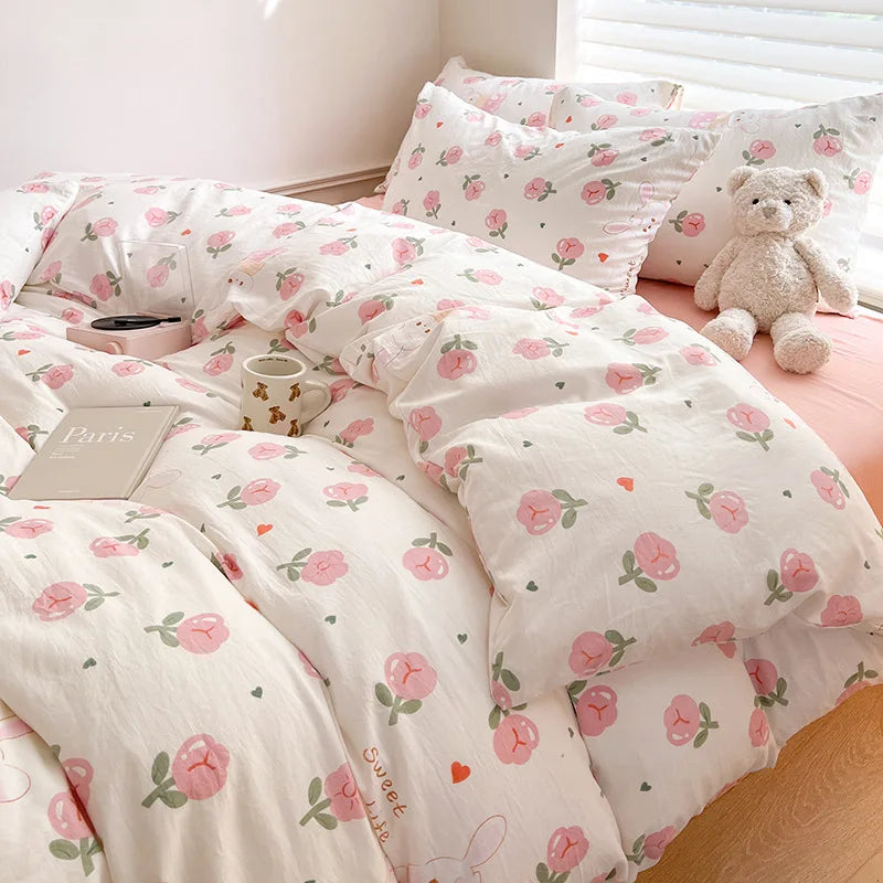 Floral Kawaii Bed Linen Set - Bed Sheet & Duvet Cover Twin / Full / Queen / King (3-4 Pc)