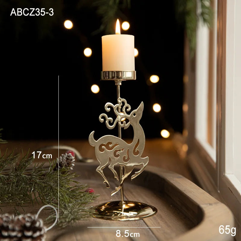 Golden Wrought Iron Christmas Candle Holder - Star, Elk & Tree Holiday Centerpiece for Table Decor