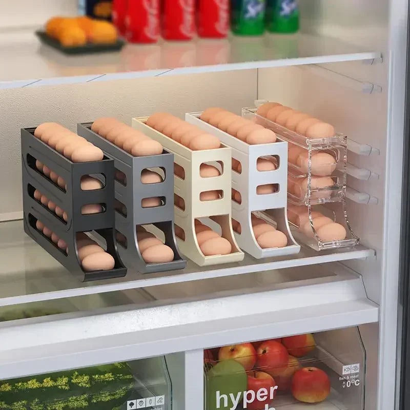 30-Egg Refrigerator Organizer - Stackable Plastic Egg Storage Box with Automatic Roller