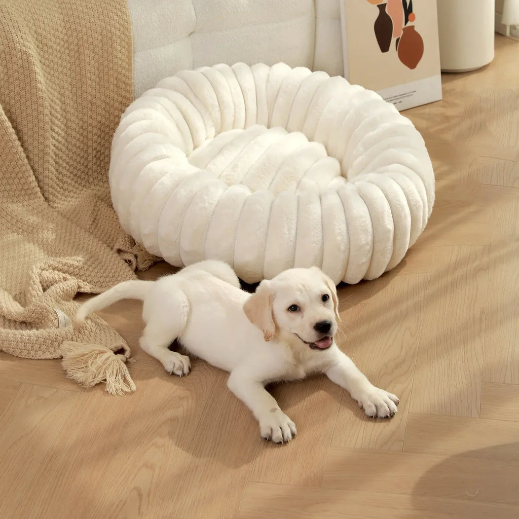 Large Round Pet Bed – Washable Faux Fur Dog & Cat Sofa, All-Season Cozy Plush
