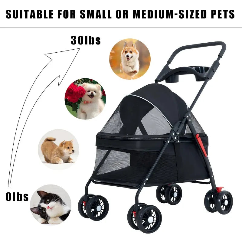 Foldable Lightweight Pet Stroller for Small Dogs & Cats — 15 kg (33 lb) Capacity, 56×35×77 cm (22×14×30 in) Basket