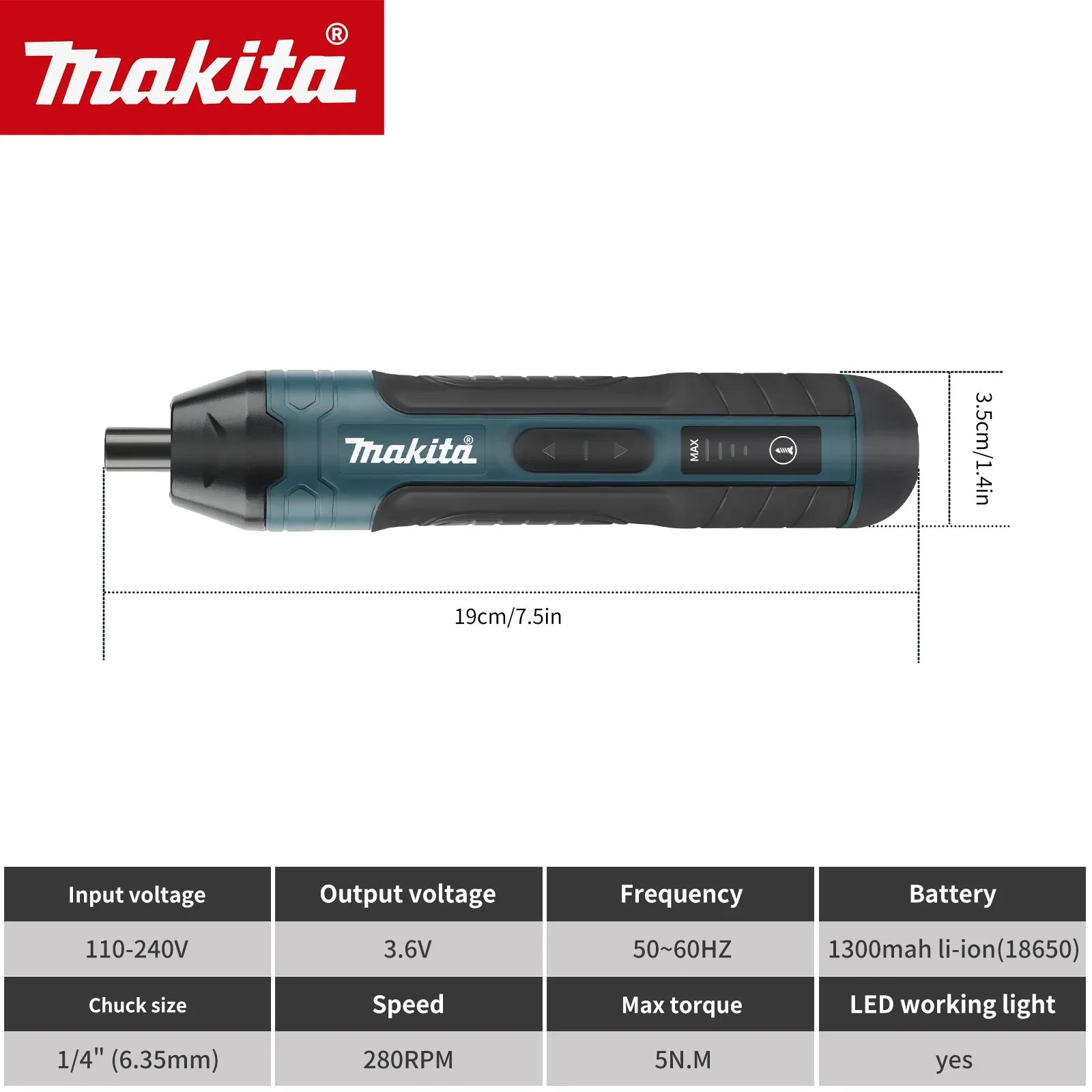 Cordless Electric Screwdriver 3.6V, 5 N·m Torque, 1/4" (6.35 mm) Hex Chuck, 1300mAh Li‑ion Battery