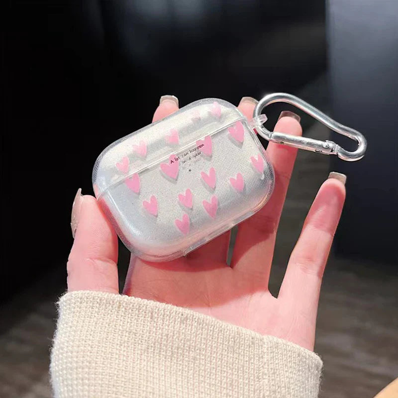Glitter Heart Silicone Protective Case for Wireless Earbud Charging Case — Soft TPU Pink Cartoon Cover