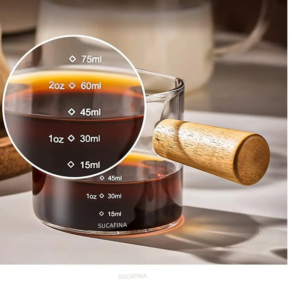 Heat-Resistant Glass Measuring Cup with Wood Handle - Clear Espresso & Milk Pouring Pitcher