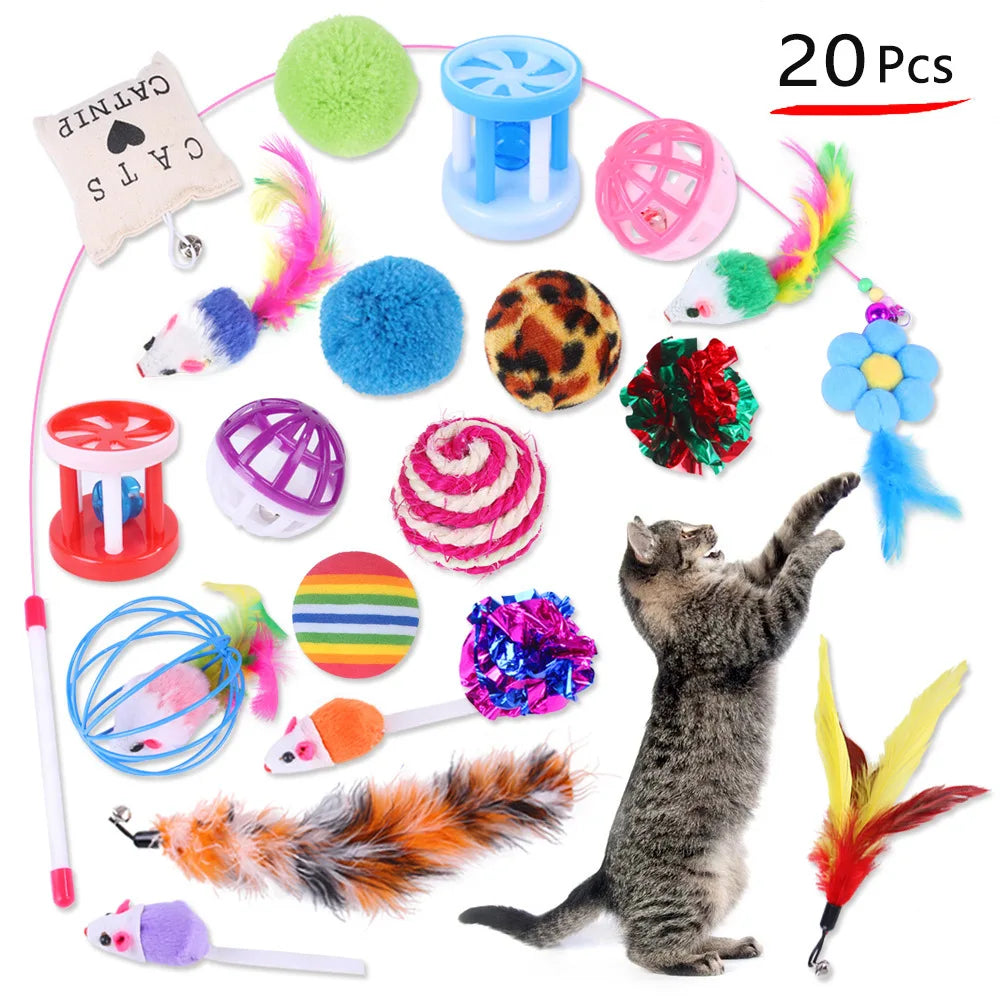 Interactive 11-Piece Cat Toy Variety Set — Feather Wands, Sisal Mice, Bell Balls & Plush Toys