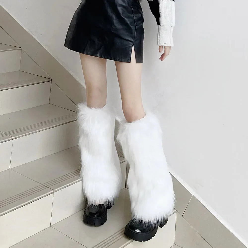 White Faux Fur Leg Warmers Y2K Goth Knee-High Boot Covers